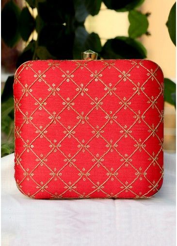 Embroidered Art Silk Red Square Box Clutch