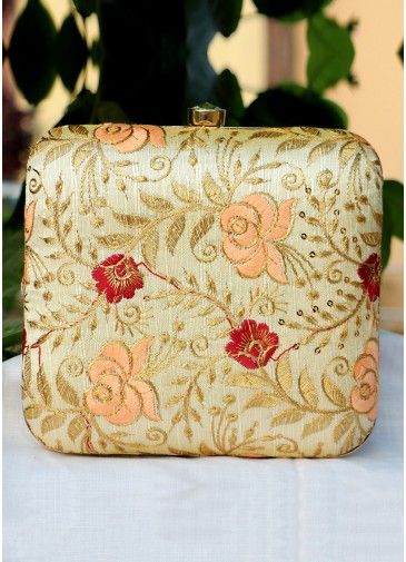 Floral Embroidered Golden Square Box Clutch