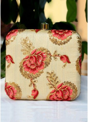 Floral Embroidered Golden Art Silk Square Clutch