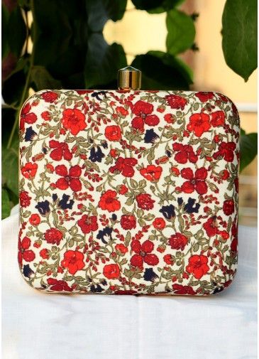 Floral Printed Off White Art Silk Square Clutch