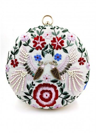 Embroidered Art Silk White Round Clutch