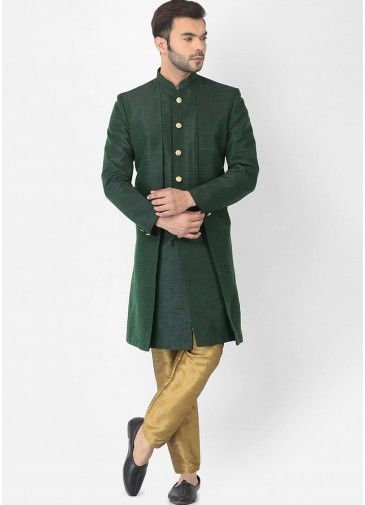 Green Mens Indowestern Jacket Style Sherwani In dupion Silk