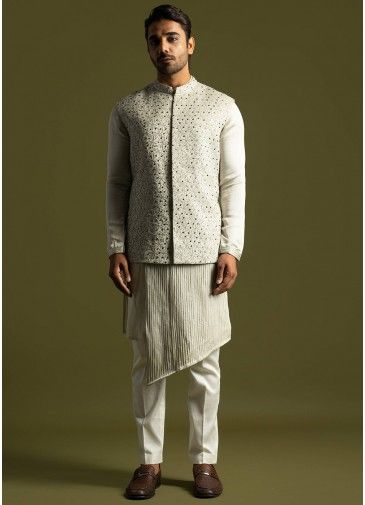 Grey Asymmetric Kurta Pant & Embroidered Jacket