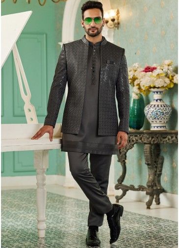 Black Readymade Mens Art Silk Jodhpuri Jacket With Kurta Pajama