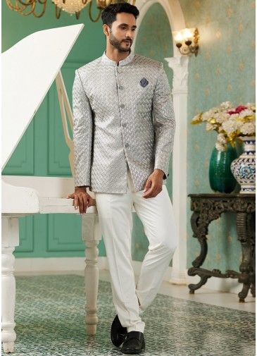Grey Readymade Mens Art Silk Bandhgala Jodhpuri Suit
