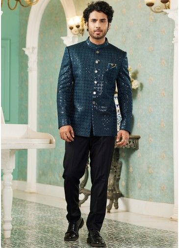 Teal Blue Readymade Mens Art Silk Bandhgala Jodhpuri Suit