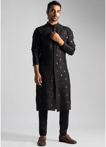Black Mens Sequined Kurta Pajama Set