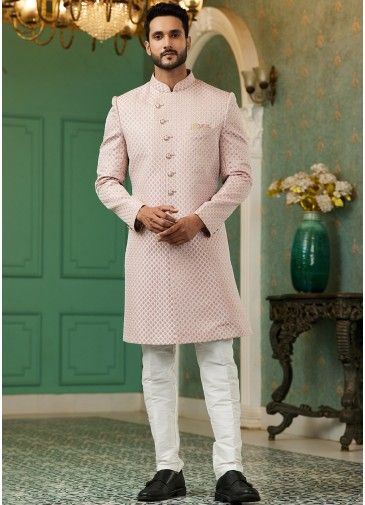 Mauve Pink Readymade Woven Indo Western Sherwani