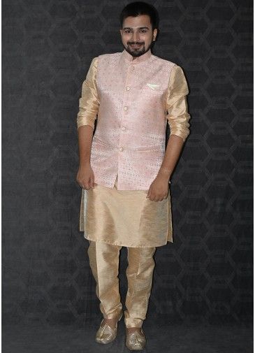 Golden Kurta Pajama & Woven Nehru Jacket