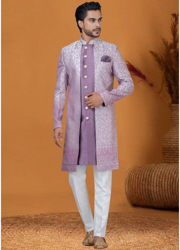 Purple Woven Jacket Style Indo Western Sherwani