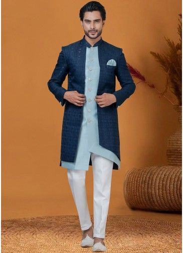 Blue Asymmetric Jacket Style Indo Western Sherwani