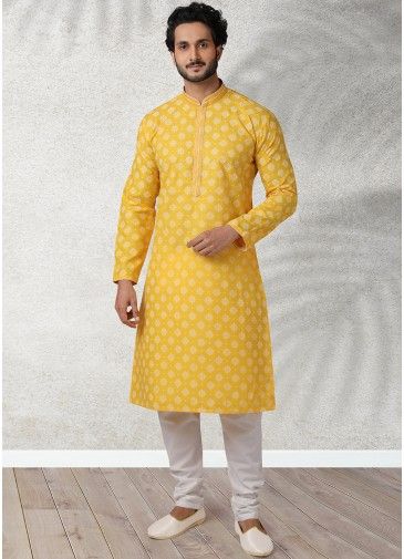 Yellow Printed Cotton Kurta Pajama Set