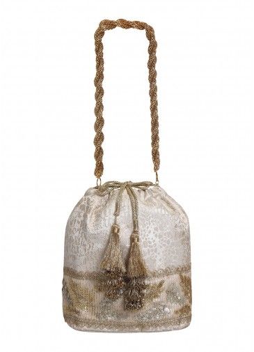 Beige Silk Potli Bag In Sequins Work