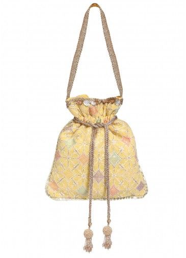 Yellow Embroidered Potli Bag In Silk
