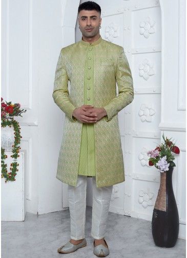 Light Green Woven Mens Jacket Style Sherwani In Jacquard