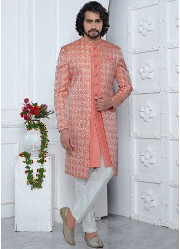 Peach Mens Jacquard Jacket Style Sherwani In Woven Work
