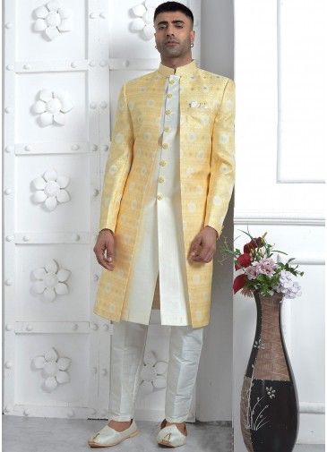 White Woven Readymade Mens Jacquard Sherwani In Jacket Style