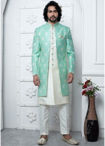 White Woven Readymade Mens Jacket Style Jacquard Sherwani