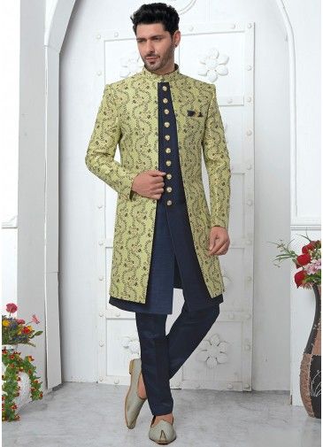 Blue Woven Readymade Mens Jacket Style Sherwani In Jacquard