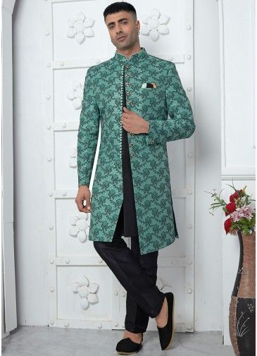Sea Green Woven Mens Jacquard Sherwani In Jacket Style