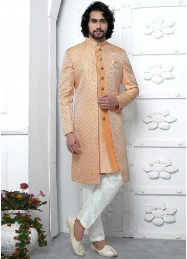 Pastel Peach Mens Jacquard Jacket Style Sherwani In Woven Work
