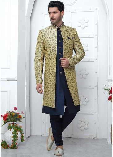 Blue Woven Readymade Mens Jacket Style Sherwani In Jacquard