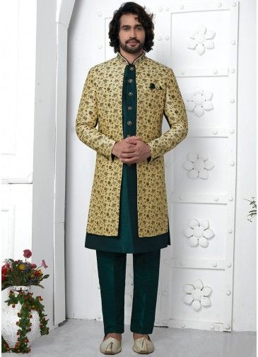 Green Woven Readymade Mens Jacquard Sherwani In Jacket Style