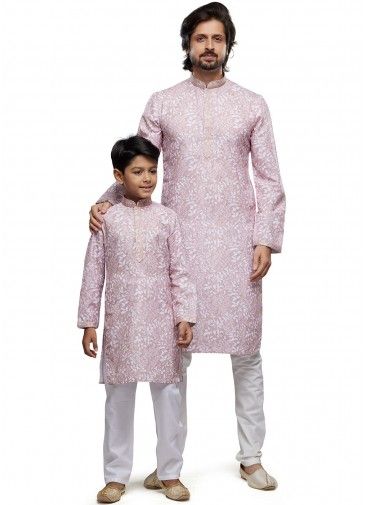 Light Pink Father Son Cotton Kurta Pajama In Digital Print
