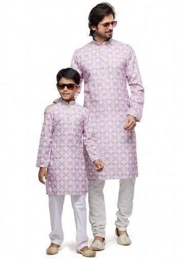 Pink Father Son Digital Printed Kurta Pajama In Cotton