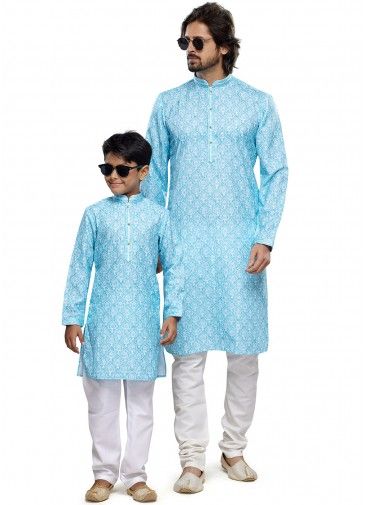 Blue Father & Son Cotton Digital Printed Kurta Pajama 