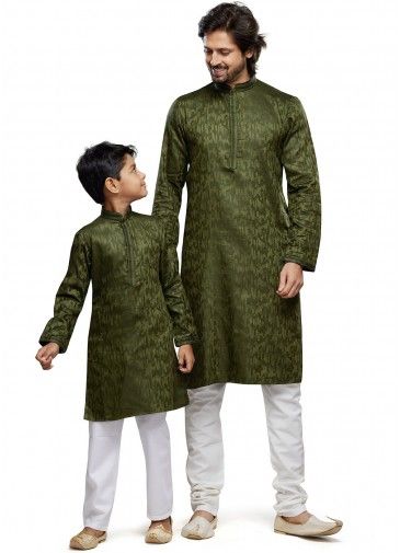 Green Father & Son Art Silk Kurta Pajama In Print