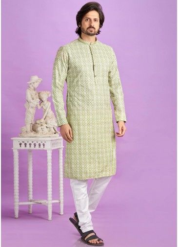 Green Readymade Cotton Mens Kurta Pajama In Digital Print