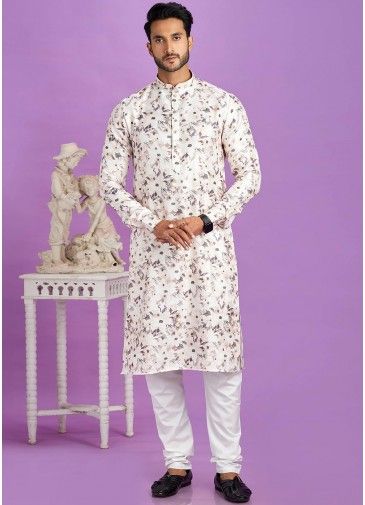 White Readymade Digital Printed Mens Kurta Pajama In Cotton