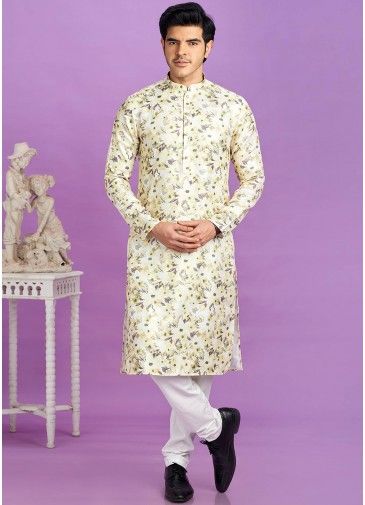 Light Yellow Readymade Mens Cotton Kurta Pajama In Digital Print
