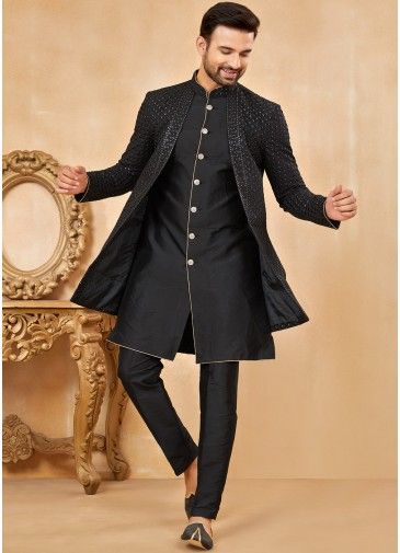 Black Embroidered Jacket Style Indo Western Sherwani