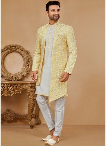 Yellow & White Embroidered Jacket Style Kurta Pajama