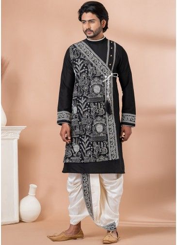 Black Embroidered Mens Dhoti Kurta In Angrakha Style