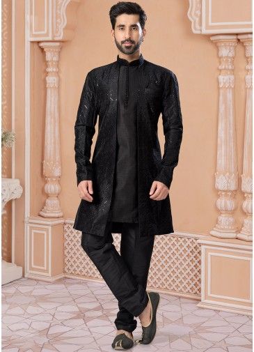 Black Readymade Mens Jacket Style Sherwani Set In Art Silk
