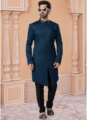 Blue Readymade Embroidered Mens Jacquard Sherwani Set 