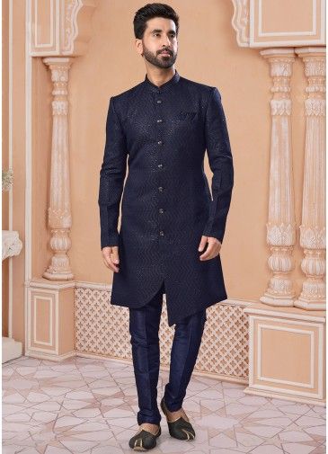 Readymade Embroidered Jacquard Mens Sherwani In Navy Blue