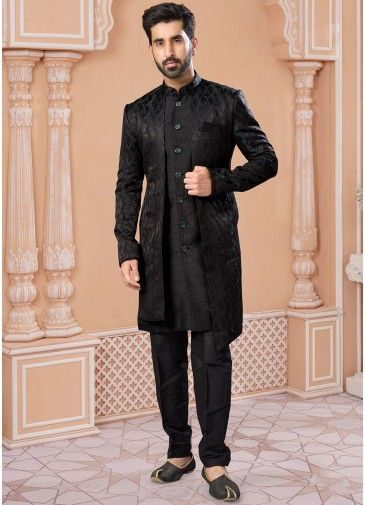 Black Readymade Embroidered Mens Sherwani In Jacket Style
