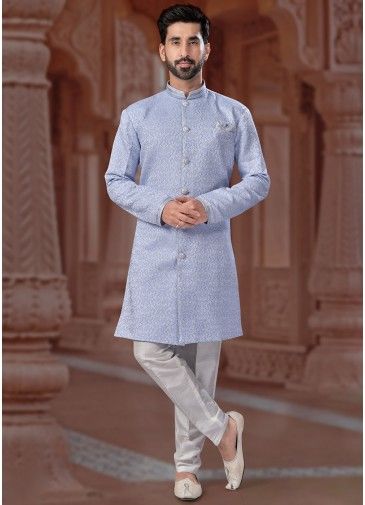 Blue Readymade Embroidered Mens Sherwani Set In Jacquard