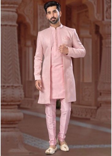 Readymade Embroidered Mens Jacket Style Sherwani In Peach