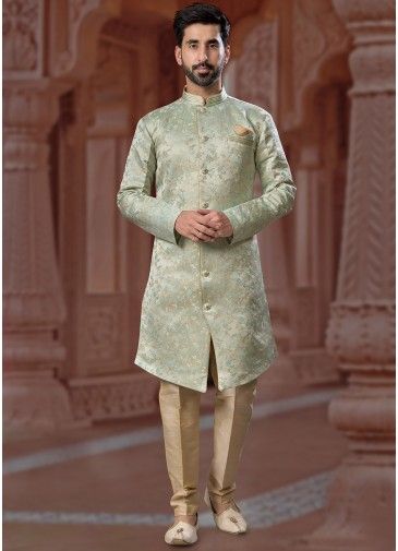 Readymade Digital Printed Mens Sherwani Set In Pastel Green
