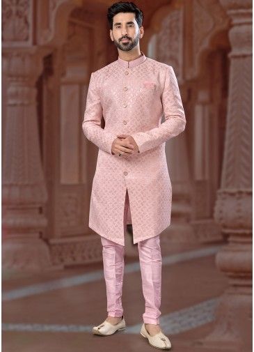 Readymade Embroidered Mens Art Silk Sherwani In Pastel Pink