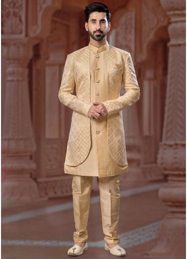 Readymade Embroidered Jacket Style Mens Sherwani In Golden