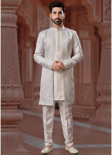 Off White Readymade Embroidered Sherwani In Jacket Style