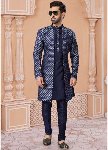 Readymade Woven Sherwani Jacket Style Sherwani In Blue
