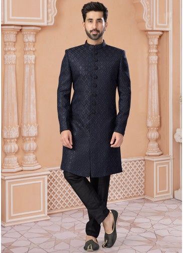 Navy Blue Readymade Embroidered Mens Sherwani In Jacquard