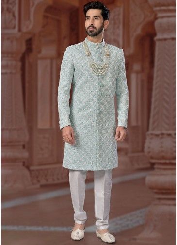 Off White Readymade Embroidered Jacquard Sherwani Set